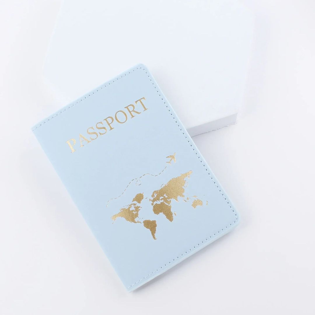 Étui de Passeport Carte du Monde Bleu ciel